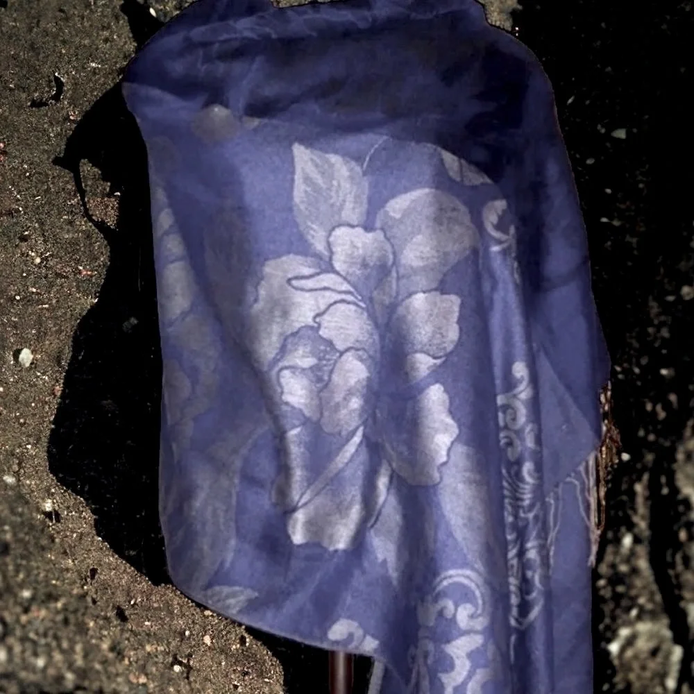 Large Damask Floral Print Scarf/Wrap | Blue/Purple with Twisted Fringes 68”x20”